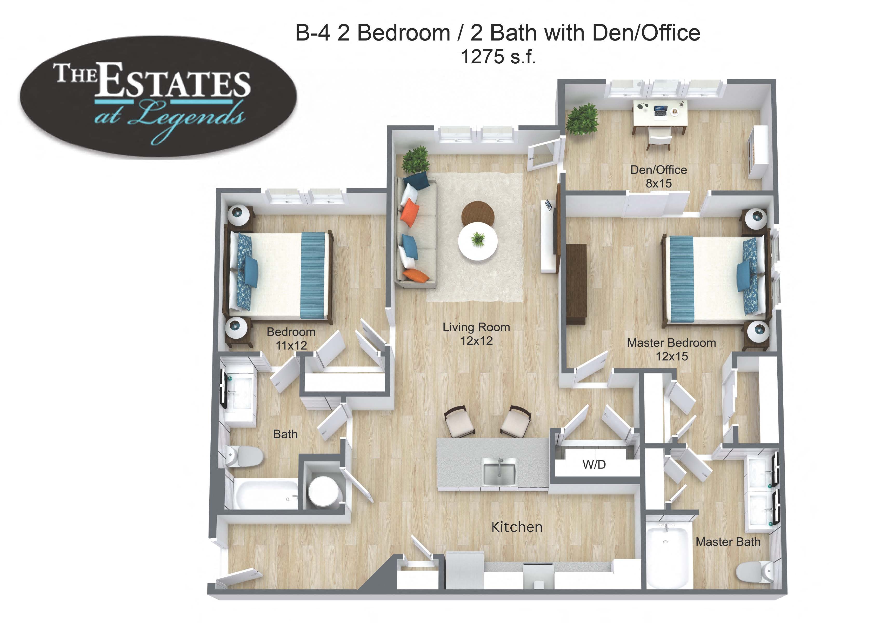 Floor plan for 2 beds, 2 baths, 1275 sqft